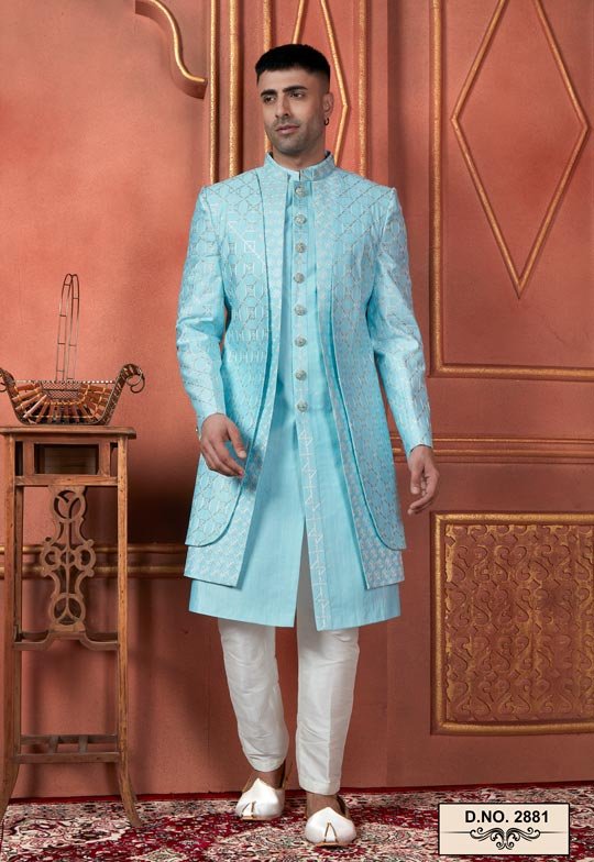 Sky Blue Thread Work On Art Silk 4 Pcs Atteched Jacket Set RJS028