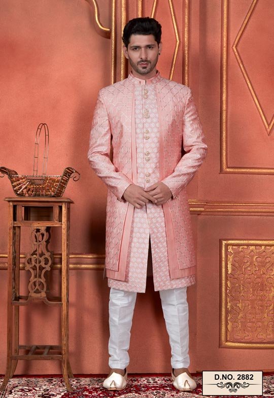 Pink Thread Work On Art Silk 4 Pcs Atteched Jacket Set Sherwani RJS029